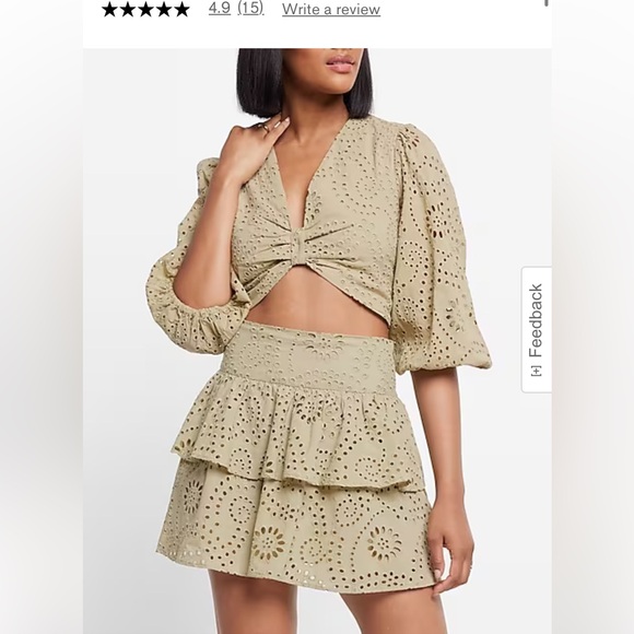 Express Super High Waisted Eyelet Tiered Ruffle Mini Skirt - Picture 2 of 10